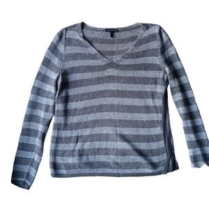 Eileen fisher gray striped 100% organic linen lightweight v neck  sweater sz XXS